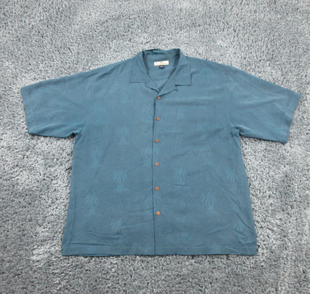 Tommy Bahama Shirt Mens Extra Large Blue Silk Textured Palm Tree Button Up
